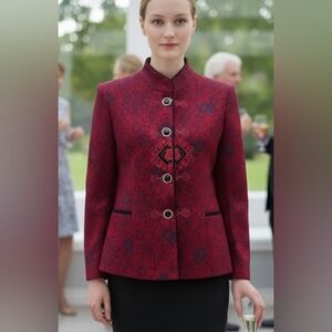 NWT ORIENTAL-STYLE Deep Red&Black Knit Brocade Patterned with EmbroideryBlazer M
